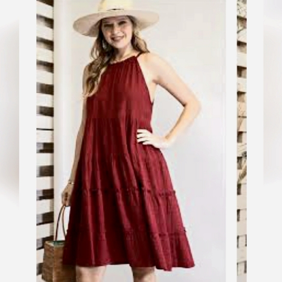 easel Dresses Easel Boho Tiered Ruffle Halter Midi Dress Deep Red